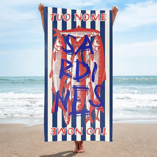 Vestin Telo da spiaggia personalizzato - STRISCE SARDINA - con Nome personalizzato - asciugamano da bagno asciugamano da piscina asciugamano da spiaggia per vacanze
