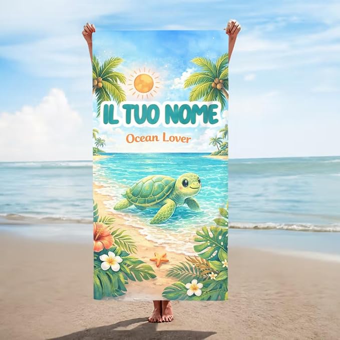 Vestin Telo da spiaggia personalizzato - TARTARUGA IN SPIAGGIA - con Nome personalizzato - asciugamano da bagno asciugamano da piscina asciugamano da spiaggia per vacanze