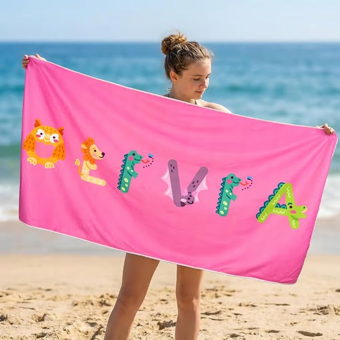 Vestin Telo da spiaggia personalizzato - LETTERE CON ANIMALI - con Nome personalizzato - asciugamano da bagno asciugamano da piscina asciugamano da spiaggia per vacanze