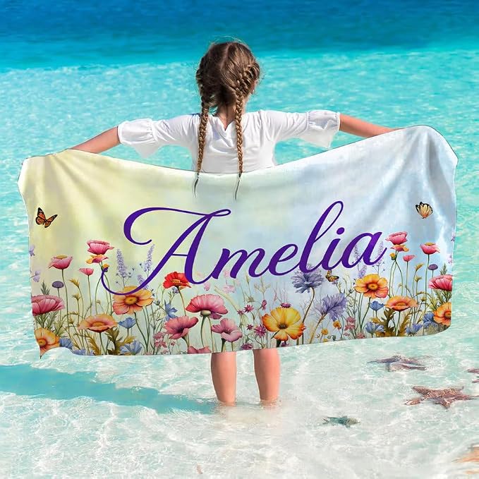 Vestin Telo da spiaggia personalizzato - FIORI STILE ACQUERELLO - con Nome personalizzato - asciugamano da bagno asciugamano da piscina asciugamano da spiaggia per vacanze