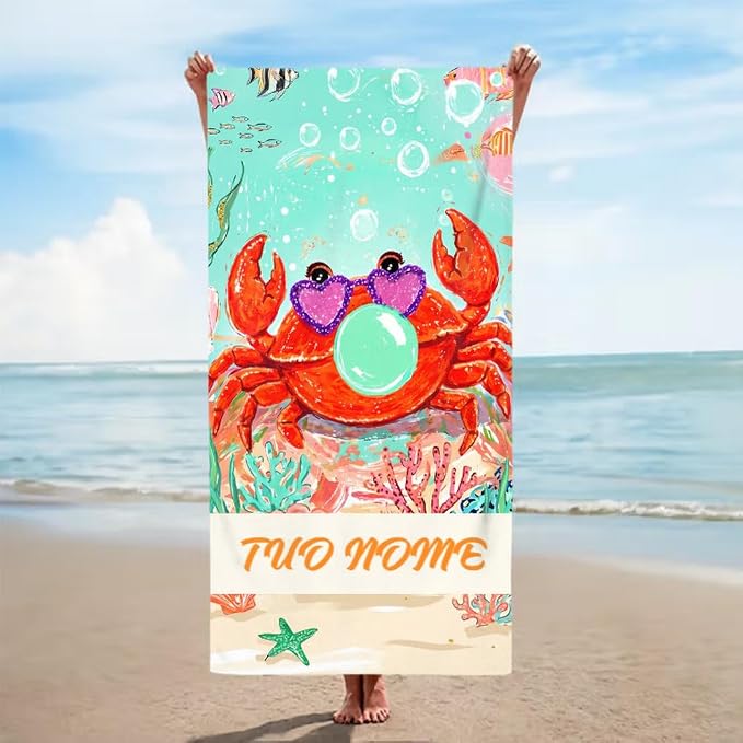 Vestin Telo da spiaggia personalizzato - GRANCHIO CON NOME PERSONALIZZATO - con Nome personalizzato - asciugamano da bagno asciugamano da piscina asciugamano da spiaggia per vacanze