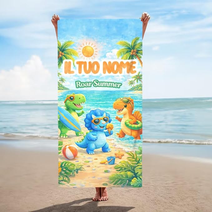 Vestin Telo da spiaggia personalizzato - PICCOLI DINOSAURI - con Nome personalizzato - asciugamano da bagno asciugamano da piscina asciugamano da spiaggia per vacanze