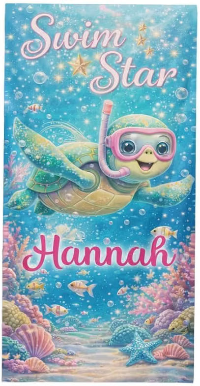 Vestin Telo da spiaggia personalizzato - Cartoon Tartaruga marina - con Nome personalizzato - asciugamano da bagno asciugamano da piscina asciugamano da spiaggia per vacanze