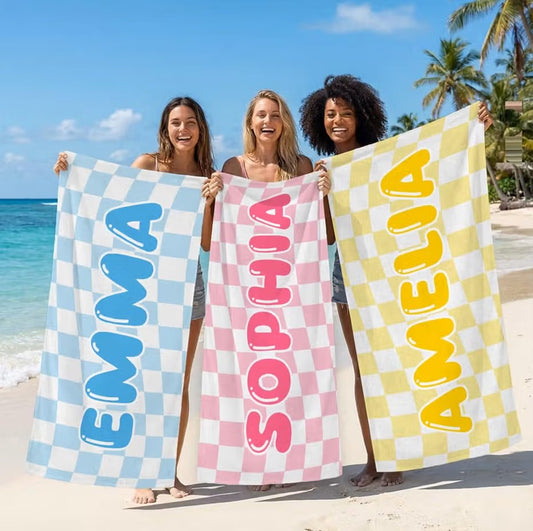 Vestin Telo da spiaggia personalizzato - SCACCHIERA COLORATA CON NOME - con Nome personalizzato - asciugamano da bagno asciugamano da piscina asciugamano da spiaggia per vacanze