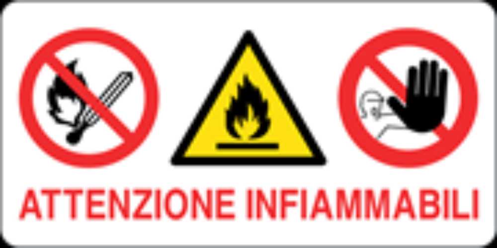 MULTISIMBOLO ATTENZIONE INFIAMMABILE - CARTELLO SEGNALETICO UNI ISO 7010 in Adesivo, Pannello in Forex, Pannello In Alluminio