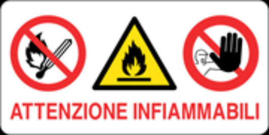 MULTISIMBOLO ATTENZIONE INFIAMMABILE - CARTELLO SEGNALETICO UNI ISO 7010 in Adesivo, Pannello in Forex, Pannello In Alluminio