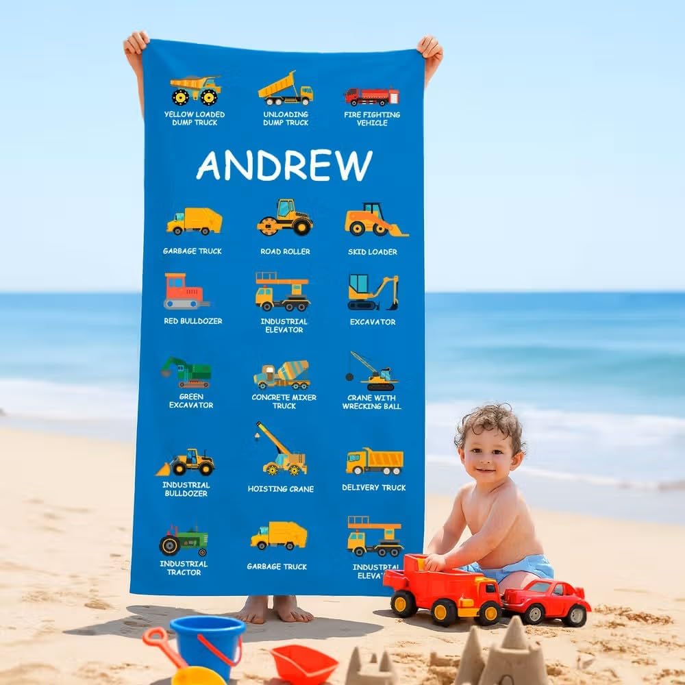 Vestin Telo da spiaggia personalizzato - MEZZI PER COSTRUZIONI - con Nome personalizzato - asciugamano da bagno asciugamano da piscina asciugamano da spiaggia per vacanze