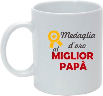 Tazza in ceramica Stampata - Medaglia d'oro papà - Tazza 320 ml in Ceramica Bianca, Stampa in alta definizione Idea Regalo Originale e Unica MADE IN ITALY