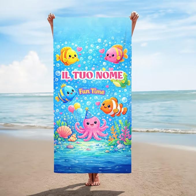 Vestin Telo da spiaggia personalizzato - PESCIOLINI - con Nome personalizzato - asciugamano da bagno asciugamano da piscina asciugamano da spiaggia per vacanze