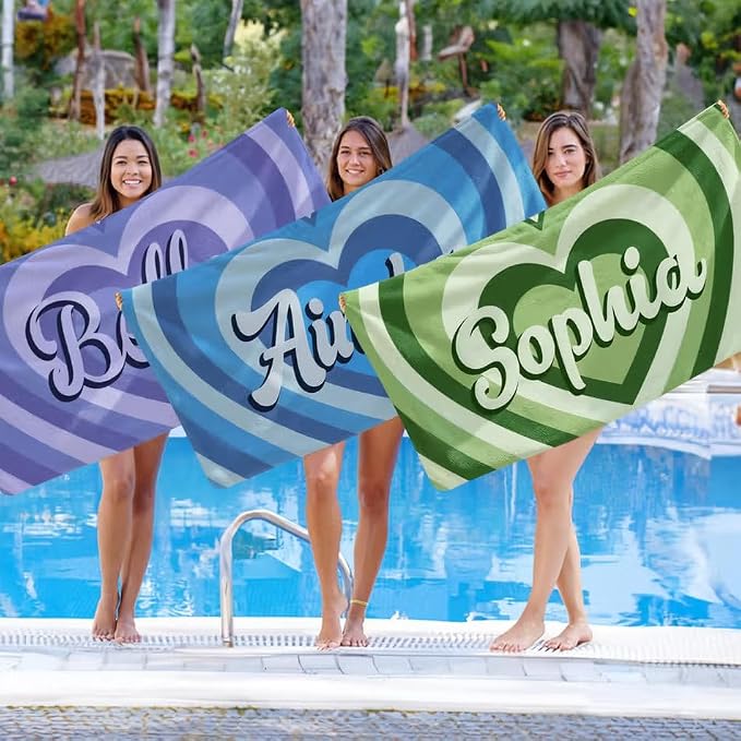 Vestin Telo da spiaggia personalizzato - CUORE A STRISCE MULTICOLORE - con Nome personalizzato - asciugamano da bagno asciugamano da piscina asciugamano da spiaggia per vacanze