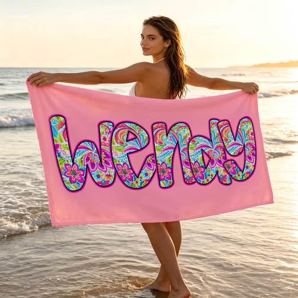 Vestin Telo da spiaggia personalizzato - NOME HIPPY FLOREALE - con Nome personalizzato - asciugamano da bagno asciugamano da piscina asciugamano da spiaggia per vacanze