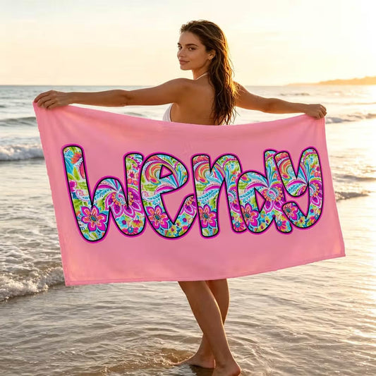 Vestin Telo da spiaggia personalizzato - NOME HIPPY FLOREALE - con Nome personalizzato - asciugamano da bagno asciugamano da piscina asciugamano da spiaggia per vacanze