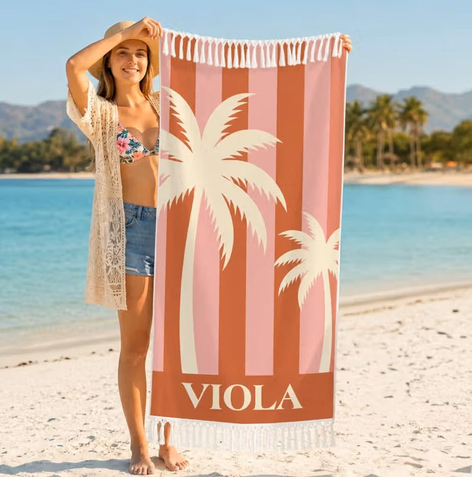 Vestin Telo da spiaggia personalizzato - STRISCE COLORATE CON PALME E NOME - con Nome personalizzato - asciugamano da bagno asciugamano da piscina asciugamano da spiaggia per vacanze