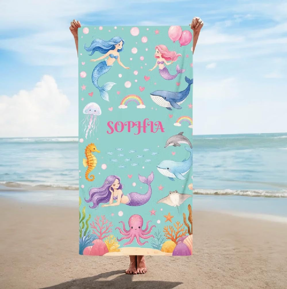 Vestin Telo da spiaggia personalizzato - ANIMALI MARINI E SIRENE - con Nome personalizzato - asciugamano da bagno asciugamano da piscina asciugamano da spiaggia per vacanze