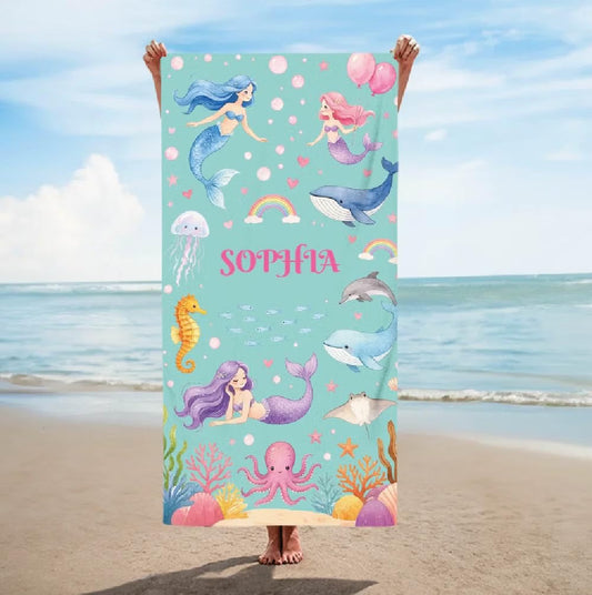 Vestin Telo da spiaggia personalizzato - ANIMALI MARINI E SIRENE - con Nome personalizzato - asciugamano da bagno asciugamano da piscina asciugamano da spiaggia per vacanze