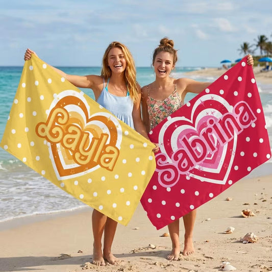 Vestin Telo da spiaggia personalizzato - MULTICOLORE A POIS CON CUORE - con Nome personalizzato - asciugamano da bagno asciugamano da piscina asciugamano da spiaggia per vacanze