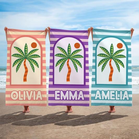 Vestin Telo da spiaggia personalizzato - STRISCE CON PALME - con Nome personalizzato - asciugamano da bagno asciugamano da piscina asciugamano da spiaggia per vacanze