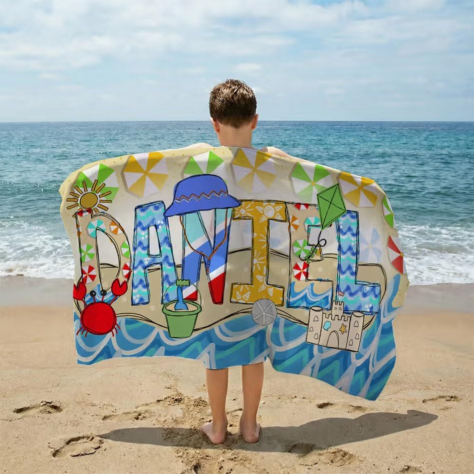 Vestin Telo da spiaggia personalizzato - DISEGNO SPIAGGIA - con Nome personalizzato - asciugamano da bagno asciugamano da piscina asciugamano da spiaggia per vacanze