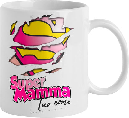 Tazza in ceramica Stampata - Super Mamma personalizzata con nome - Tazza 320 ml in Ceramica Bianca, Stampa in alta definizione Idea Regalo Originale e Unica MADE IN ITALY