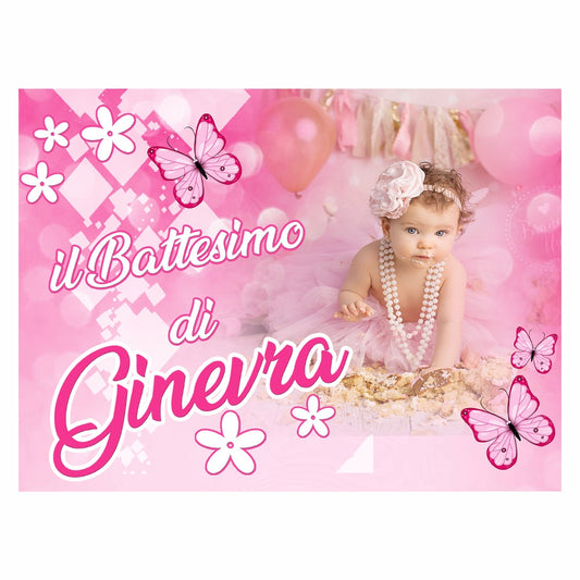 GLOBAL STRISCIONE FONDALE BATTESIMO - Battesimo Rosa - STRISCIONE PERSONALIZZATO IN CARTA O IN BANNER PVC ANCHE DA ESTERNO GARANZIA 5 ANNI