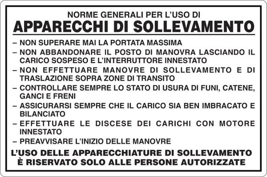 GLOBAL CARTELLO SEGNALETICO - APPARECCHI DI SOLLEVAMENTO -NORME GENERALI PER L'USO - Adesivo Resistente, Pannello in Forex, Pannello In Alluminio