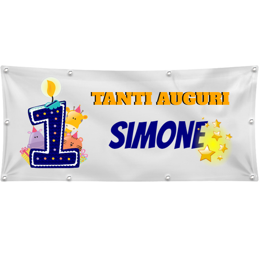 GLOBAL STRISCIONE FONDALE COMPLEANNO - COMPLEANNO CON NOME ED ETÀ PERSONALIZZATI - IN CARTA O IN BANNER PVC ANCHE DA ESTERNO GARANZIA 5 ANNI