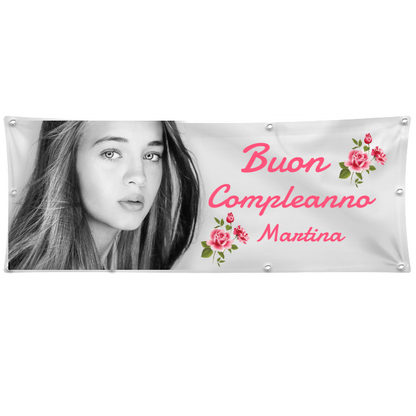 GLOBAL STRISCIONE FONDALE COMPLEANNO - COMPLEANNO RAGAZZA CON FOTO E NOME PERSONALIZZATI - IN CARTA O IN BANNER PVC ANCHE DA ESTERNO GARANZIA 5 ANNI