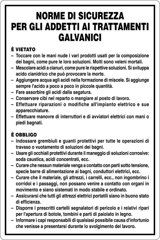 GLOBAL CARTELLO SEGNALETICO - NORME DI SICUREZZA PER TRATTAMENTI GALVANICI - Adesivo Resistente, Pannello in Forex, Pannello In Alluminio