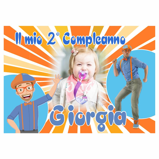 GLOBAL STRISCIONE FONDALE COMPLEANNO - Blippi - STRISCIONE PERSONALIZZATO IN CARTA O IN BANNER PVC ANCHE DA ESTERNO GARANZIA 5 ANNI