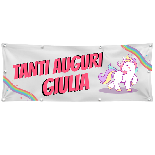 GLOBAL STRISCIONE FONDALE COMPLEANNO - COMPLEANNO UNICORNO - CON NOME PERSONALIZZATO IN CARTA O IN BANNER PVC ANCHE DA ESTERNO GARANZIA 5 ANNI