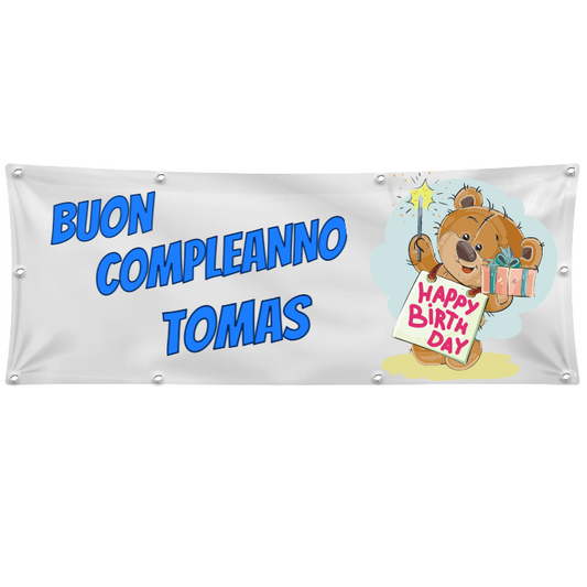 GLOBAL STRISCIONE FONDALE COMPLEANNO - BUON COMPLEANNO - CON NOME PERSONALIZZATO IN CARTA O IN BANNER PVC ANCHE DA ESTERNO GARANZIA 5 ANNI