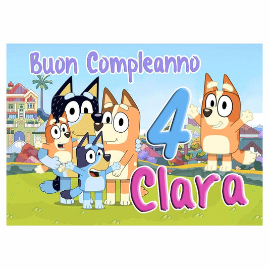 GLOBAL STRISCIONE FONDALE COMPLEANNO - Bluey - STRISCIONE PERSONALIZZATO IN CARTA O IN BANNER PVC ANCHE DA ESTERNO GARANZIA 5 ANNI