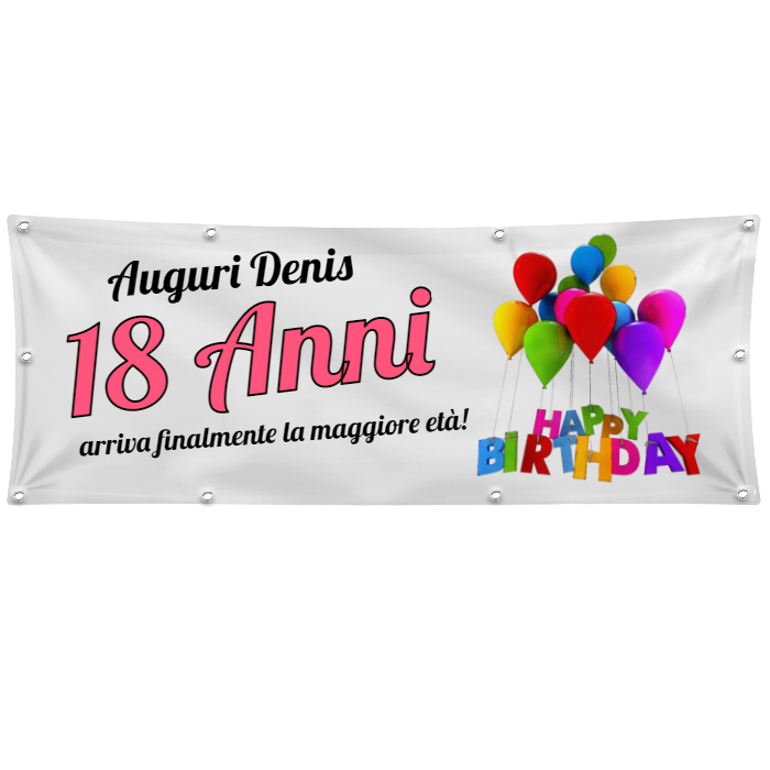 GLOBAL STRISCIONE FONDALE COMPLEANNO - COMPLEANNO 18 ANNI MOD 2 - CON NOME PERSONALIZZATO IN CARTA O IN BANNER PVC ANCHE DA ESTERNO GARANZIA 5 ANNI