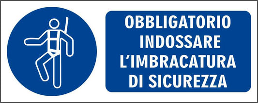 OBBLIGATOIRO INDOSSARE L'IMBRACATURA DI SICUREZZA - CARTELLO SEGNALETICO UNI ISO 7010 in Adesivo Resistente, Pannello in Forex, Pannello In Alluminio