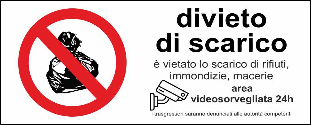 DIVIETO DI SCARICO AREAVIDEOSORVEGLIATA - CARTELLO SEGNALETICO UNI ISO 7010 in Adesivo Resistente, Pannello in Forex, Pannello In Alluminio