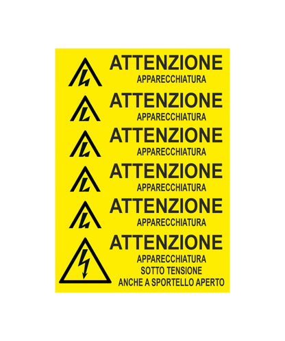 GLOBAL KIT DI 6 ADESIVI UNI - ATTENZIONE - APPARECCHIATURA SOTTO TENSIONE ANCHE A SPORTELLO APERTO - Pittogramma ISO 7010 Con Stampa Diretta U.V. (IDEALE ANCHE PER ESTERNO)