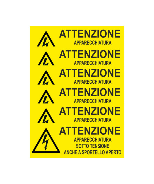GLOBAL KIT DI 6 ADESIVI UNI - ATTENZIONE - APPARECCHIATURA SOTTO TENSIONE ANCHE A SPORTELLO APERTO - Pittogramma ISO 7010 Con Stampa Diretta U.V. (IDEALE ANCHE PER ESTERNO)