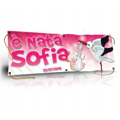 GLOBAL STRISCIONE FONDALE NASCITA - BAMBINA CON CICOGNA mod 2 - IN CARTA O IN BANNER PVC ANCHE DA ESTERNO GARANZIA 5 ANNI