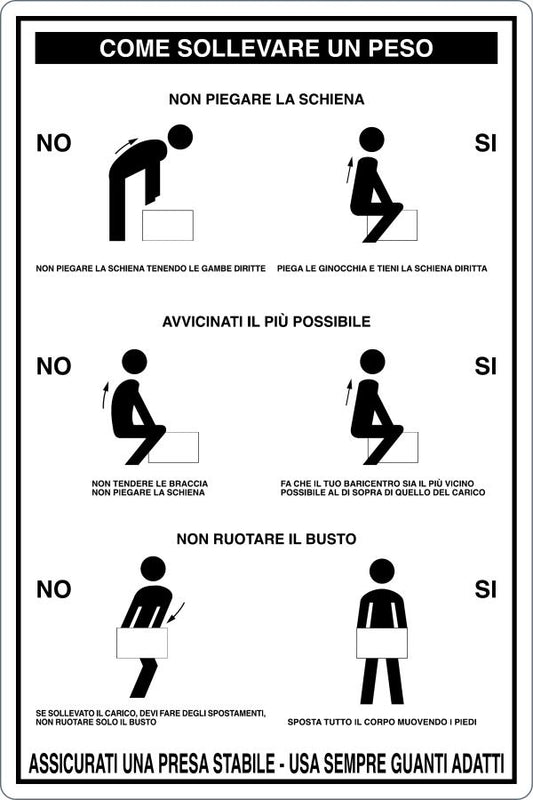 GLOBAL CARTELLO SEGNALETICO - COME SOLLEVARE UN PESO - ISTRUZIONI - Adesivo Resistente, Pannello in Forex, Pannello In Alluminio