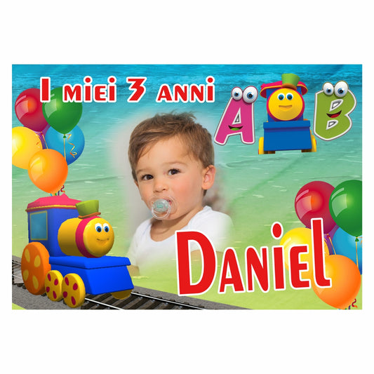 GLOBAL STRISCIONE FONDALE COMPLEANNO - Bob il Treno - STRISCIONE PERSONALIZZATO IN CARTA O IN BANNER PVC ANCHE DA ESTERNO GARANZIA 5 ANNI
