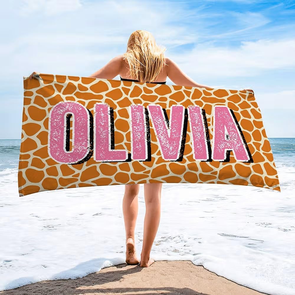 Vestin Telo da spiaggia personalizzato - MOTIVO LEOPARDATO - con Nome personalizzato - asciugamano da bagno asciugamano da piscina asciugamano da spiaggia per vacanze