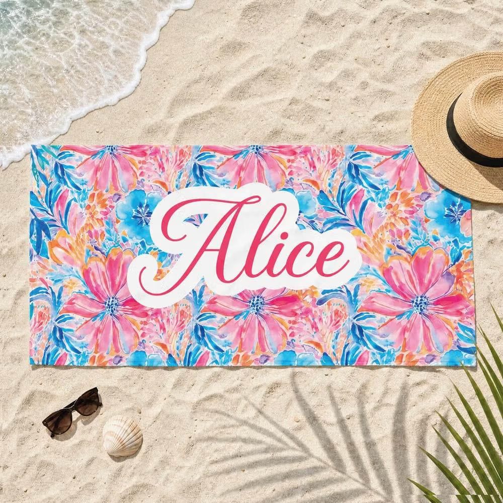 Vestin Telo da spiaggia personalizzato - MOTIVO FLOREALE TROPICALE - con Nome personalizzato - asciugamano da bagno asciugamano da piscina asciugamano da spiaggia per vacanze