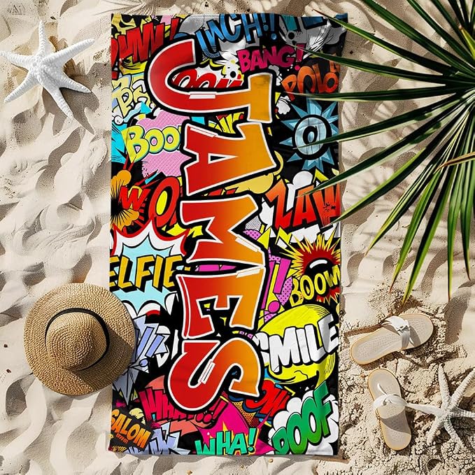Vestin Telo da spiaggia personalizzato - GRAFFITI POP - con Nome personalizzato - asciugamano da bagno asciugamano da piscina asciugamano da spiaggia per vacanze