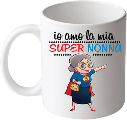Tazza in ceramica Stampata - Super Nonna - Tazza 320 ml in Ceramica Bianca, Stampa in alta definizione Idea Regalo Originale e Unica MADE IN ITALY
