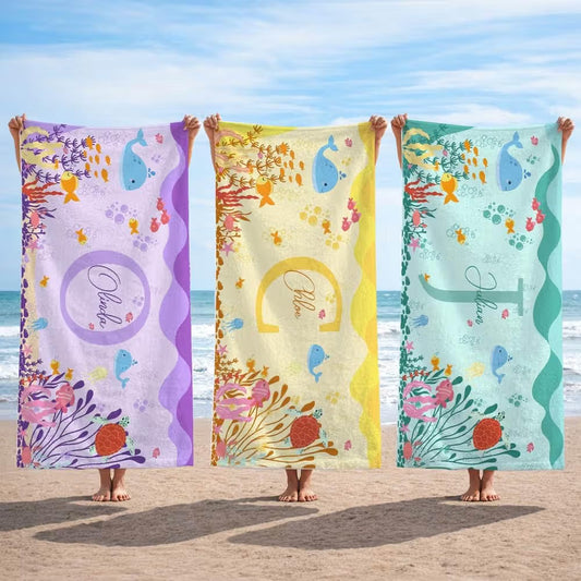 Vestin Telo da spiaggia personalizzato - ANIMALI DELL'OCEANO CON INIZIALE E NOME - con Nome personalizzato - asciugamano da bagno asciugamano da piscina asciugamano da spiaggia per vacanze