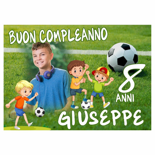 GLOBAL STRISCIONE FONDALE COMPLEANNO - Calcio - STRISCIONE PERSONALIZZATO IN CARTA O IN BANNER PVC ANCHE DA ESTERNO GARANZIA 5 ANNI
