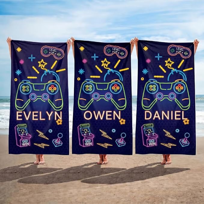 Vestin Telo da spiaggia personalizzato - GAMING IN NEON - con Nome personalizzato - asciugamano da bagno asciugamano da piscina asciugamano da spiaggia per vacanze