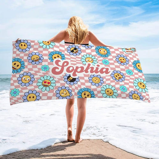 Vestin Telo da spiaggia personalizzato - FIORI CON EMOJI - con Nome personalizzato - asciugamano da bagno asciugamano da piscina asciugamano da spiaggia per vacanze