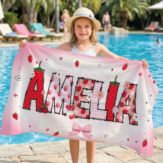 Vestin Telo da spiaggia personalizzato - FRAGOLE - con Nome personalizzato - asciugamano da bagno asciugamano da piscina asciugamano da spiaggia per vacanze