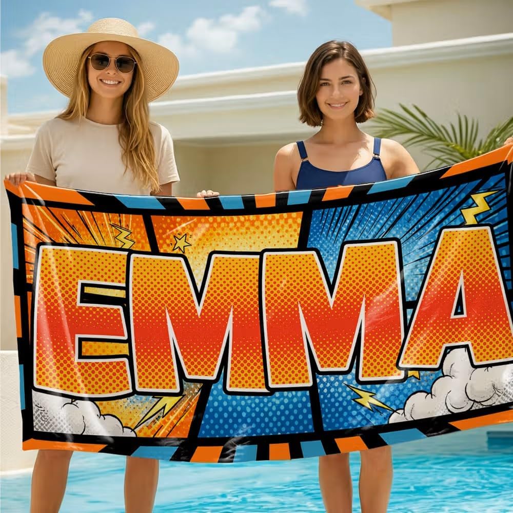 Vestin Telo da spiaggia personalizzato - MOTIVO POP ART - con Nome personalizzato - asciugamano da bagno asciugamano da piscina asciugamano da spiaggia per vacanze